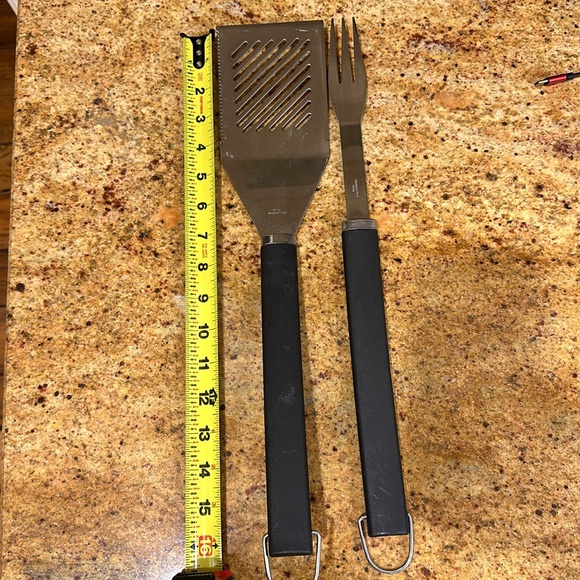 TWO GRILL TOOLS- STAINLESS STEEL WITH BLACK HANDLES- KNIFE EDGE SPATULA AND FORK - Picture 6 of 8